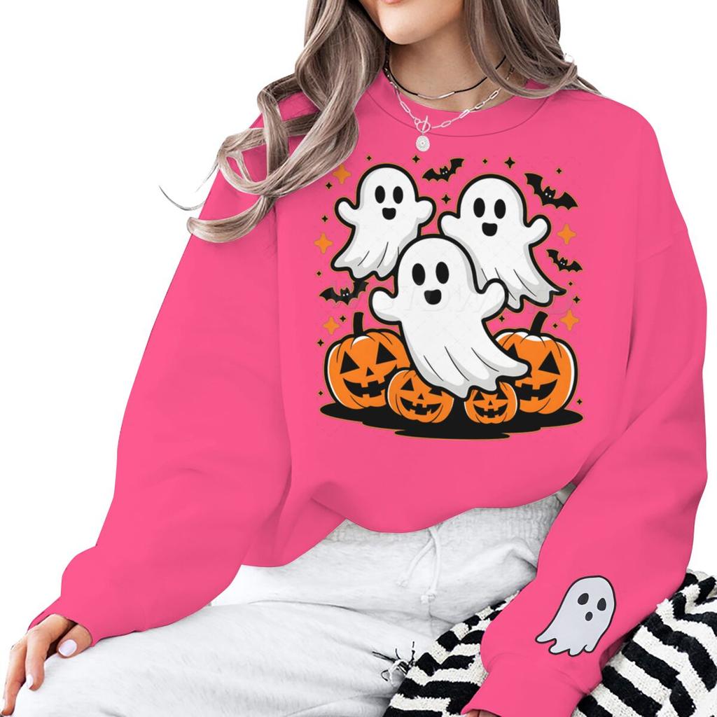 Halloween Cute Ghosts Pumpkin Print Sweatshirt Women Men Crew Neck Long Sleeve Pullover Cartoon Halloween Sweatshirts