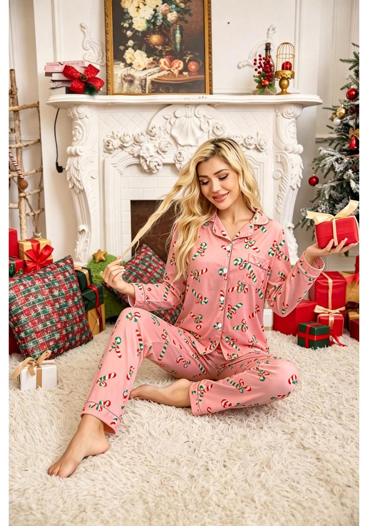 European & American Women's Christmas Lapel Pajama Set - Fashion Cardigan with Long Sleeve Top and Pants Two-Piece Homewear