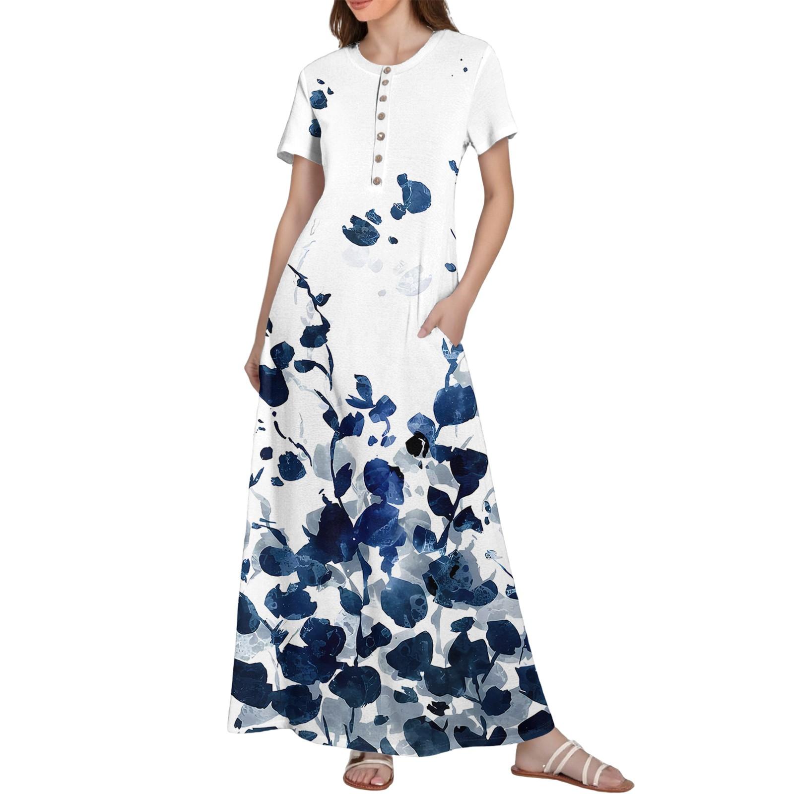 Women s Casual Printed Summer Round Neck Button Dress With Pockets XXL темно-синий