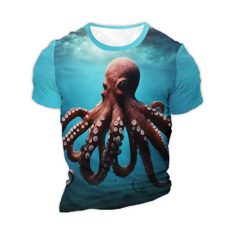 Men's 3D Printed Tropical Octopus Pattern T-shirt Trendy Printed Short-sleeved Breathable Polyester Round Neck Casual Style