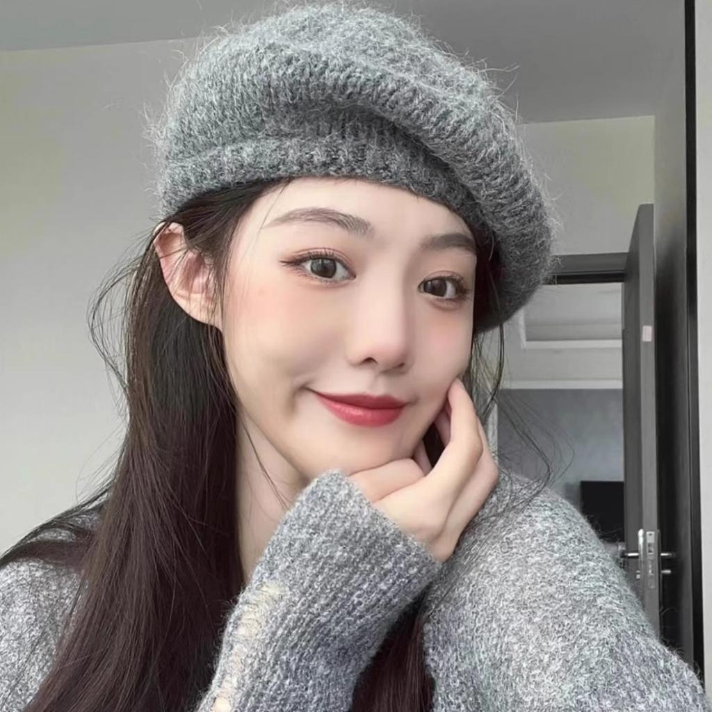 Französischer lässiger Damen Mohair Wollmischung Gestrickte Baskenmütze Mütze Beanie Winter