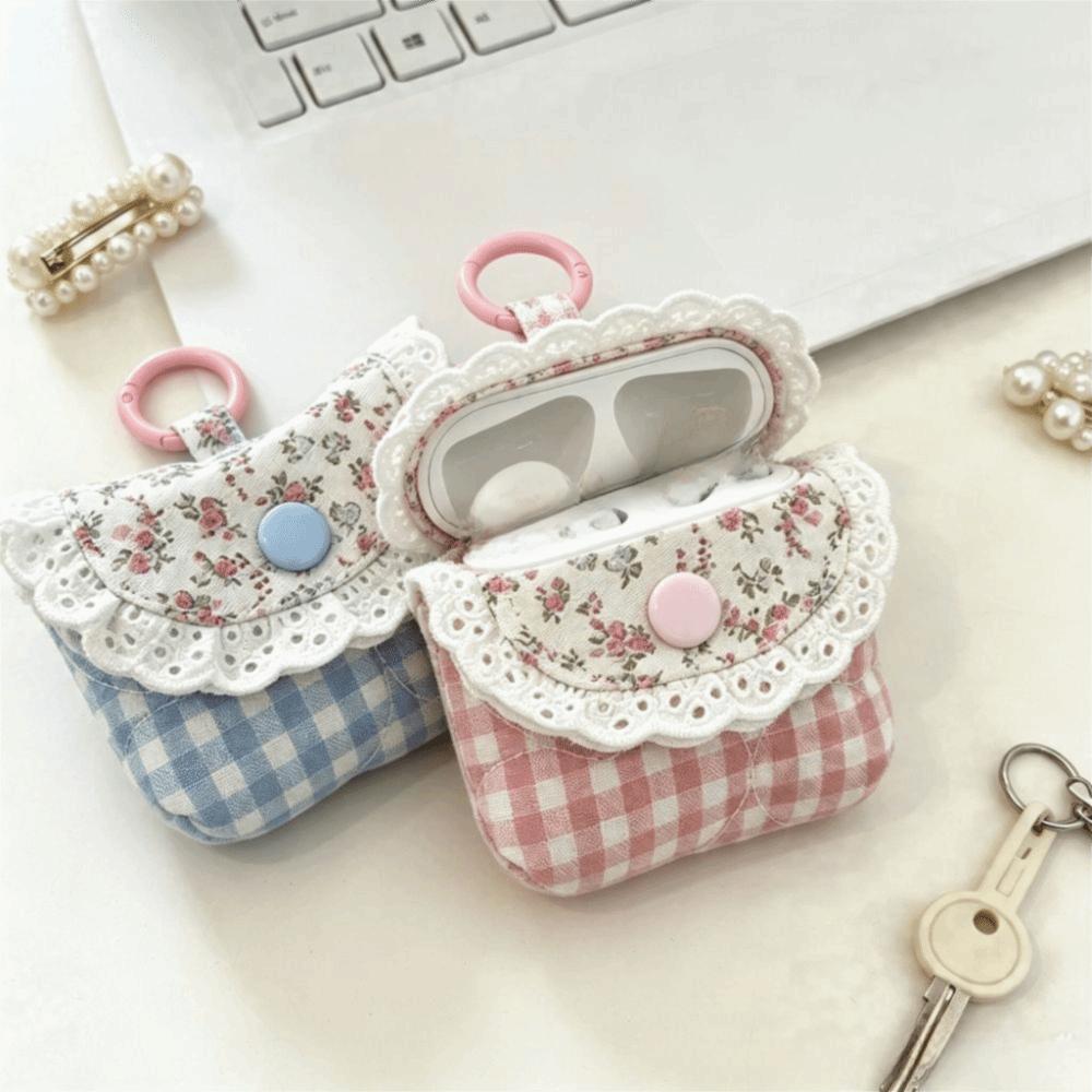 Multifunctional Earphone Storage Bag Plaid Earphone Mini Pouch Headphone Case Daily Use