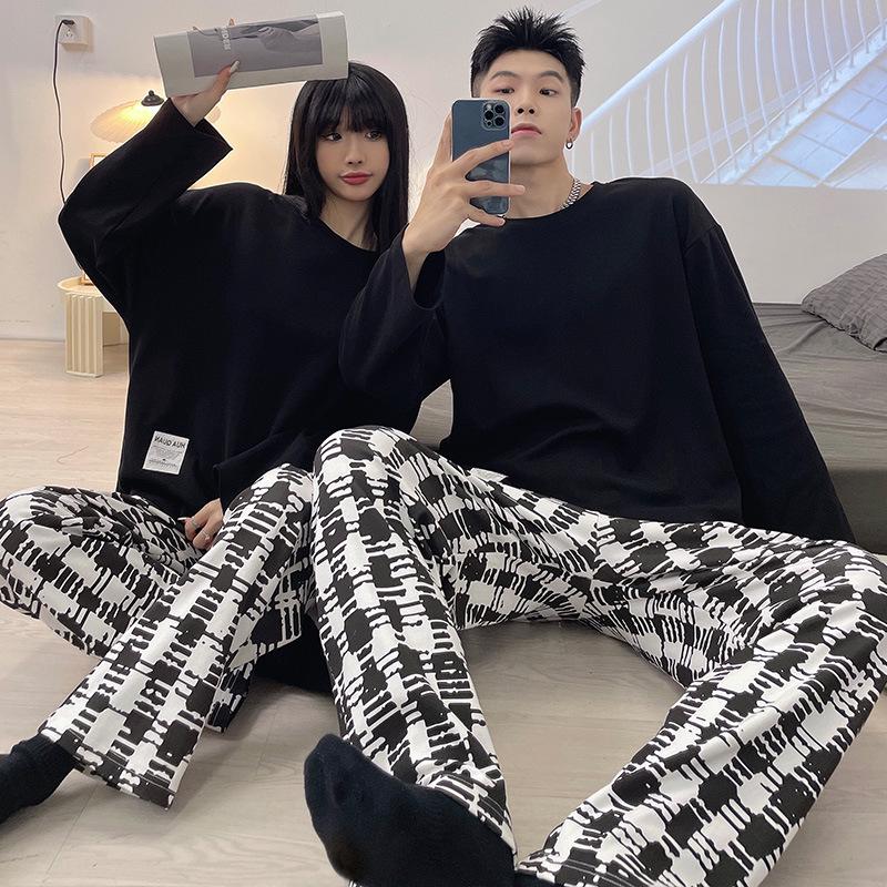 Korean Style Striped Couple Pajama Set: Long Sleeve & Pants, Unisex, Plus Size, Spring/Autumn