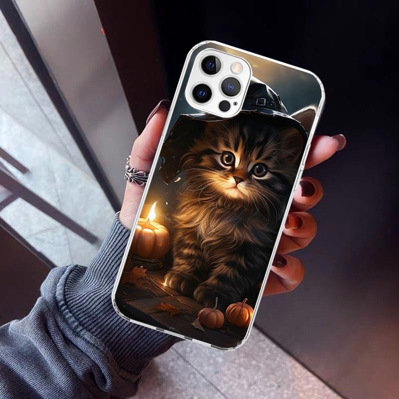 Black Kitten Halloween Pumpkin Phone Case For iPhone 17 Air 11 13 Mini 14 15 Plus 16 12 Pro Max 16E SE 7 8 Pattern Soft TPU Back
