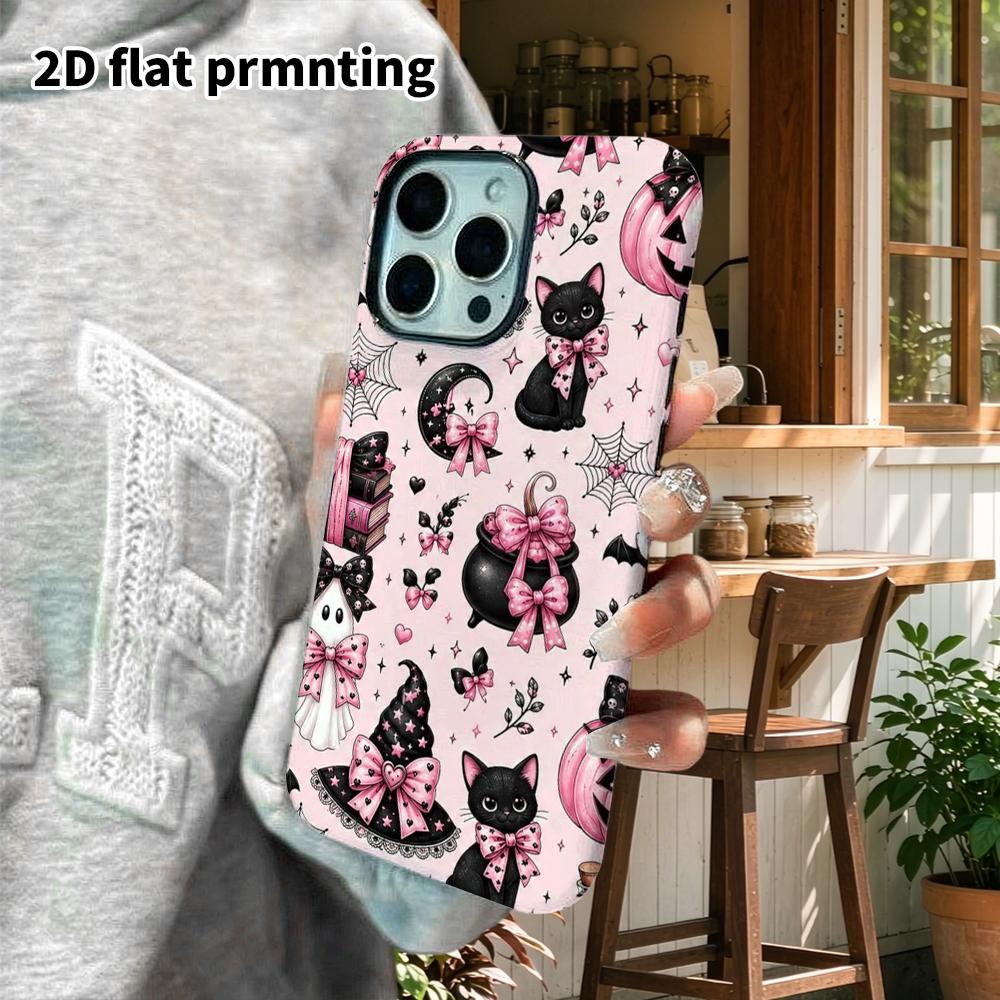 Phone Case: 2D Flat Design Suitable for iPhone 18, 17, 16, 15, 14, 13 Pro Film Protection Case, Couple Style, Pink and Black Halloween, Christmas and 
