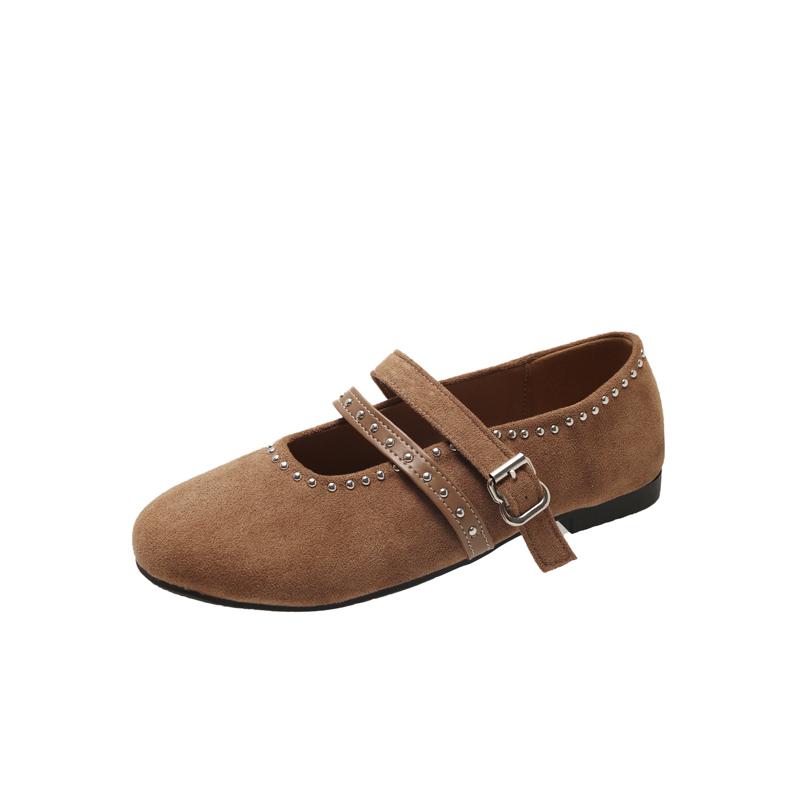 Fashion Fashion Suede Single Shoes Autumn New Round Toe Shallow Rivet Metal Buckle One-band Soft Sole Non-slip Low-top Shoes