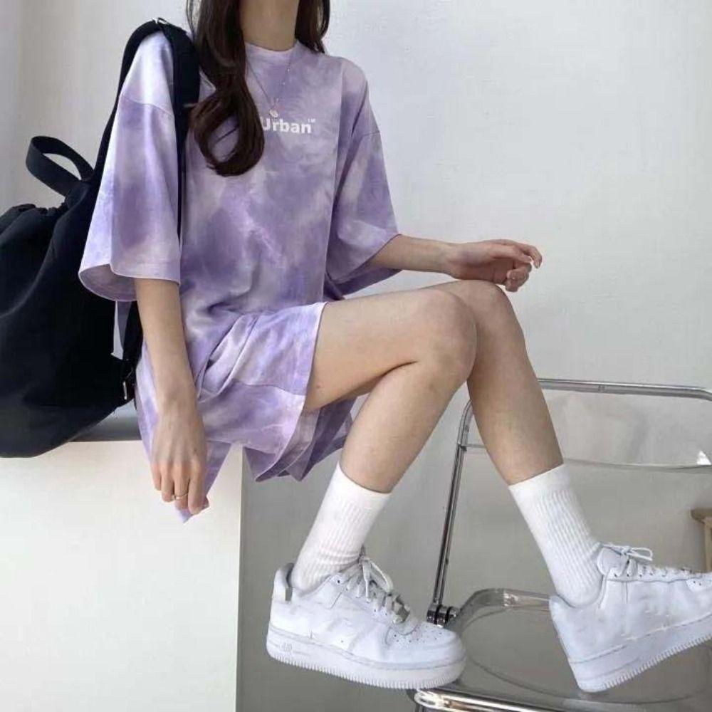 Letter Two-piece Tracksuit Large Size Summer Loose Suit Short Sleeve T-shirt Shorts  Female