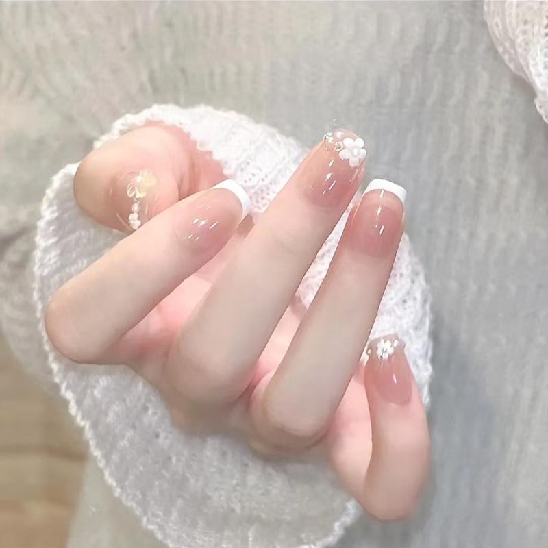 

Весенний Розовый Элегантный Цветочный Бриллиантовый Французский Накладной Маникюр с Нежными Отбеливающими Наклейками Glue Version