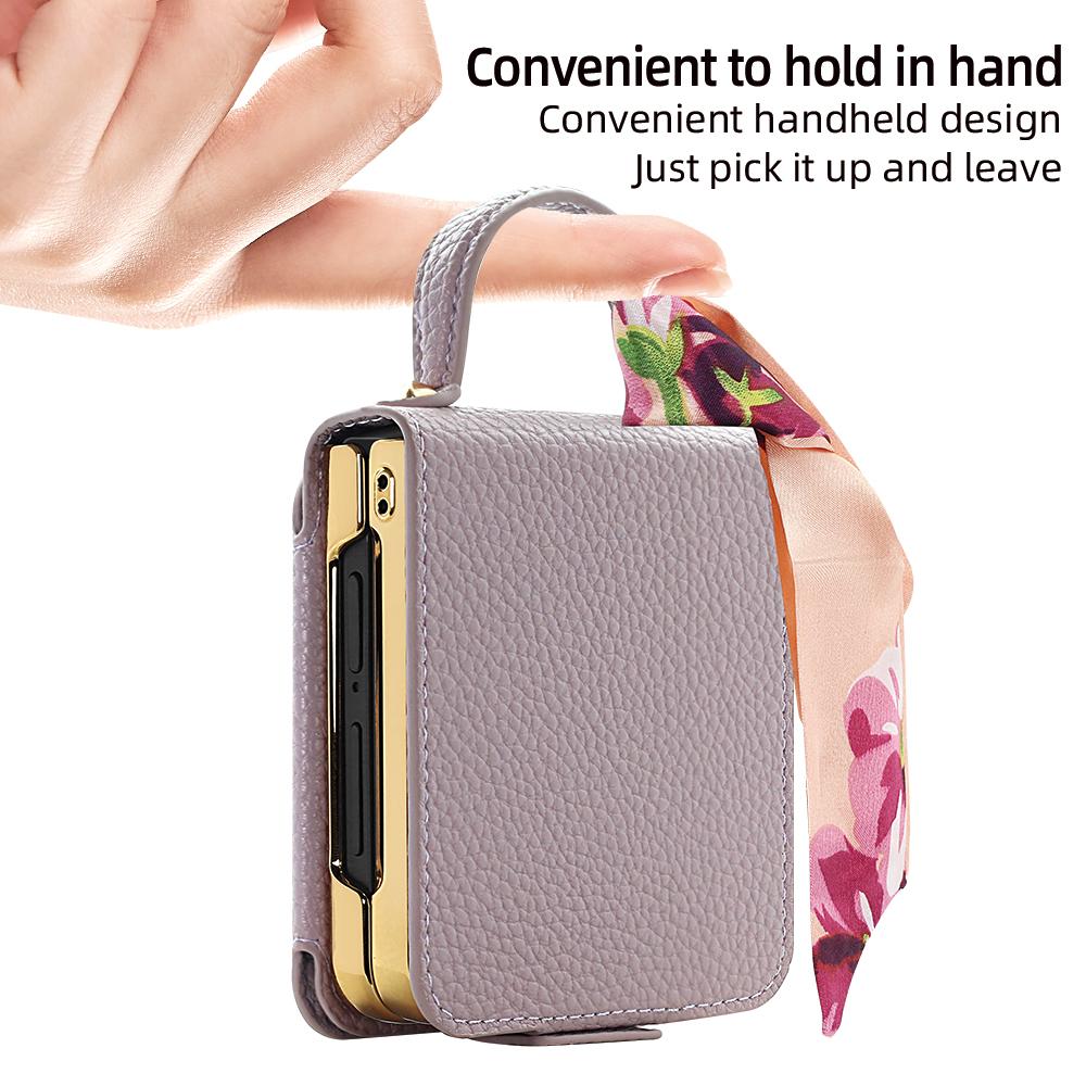 VIETAO Compatible For Galaxy Z Flip 7/6/5/4/3 Case With Makeup Mirror Ribbon Hand Strap Plating PU Leather Phone Case for Women