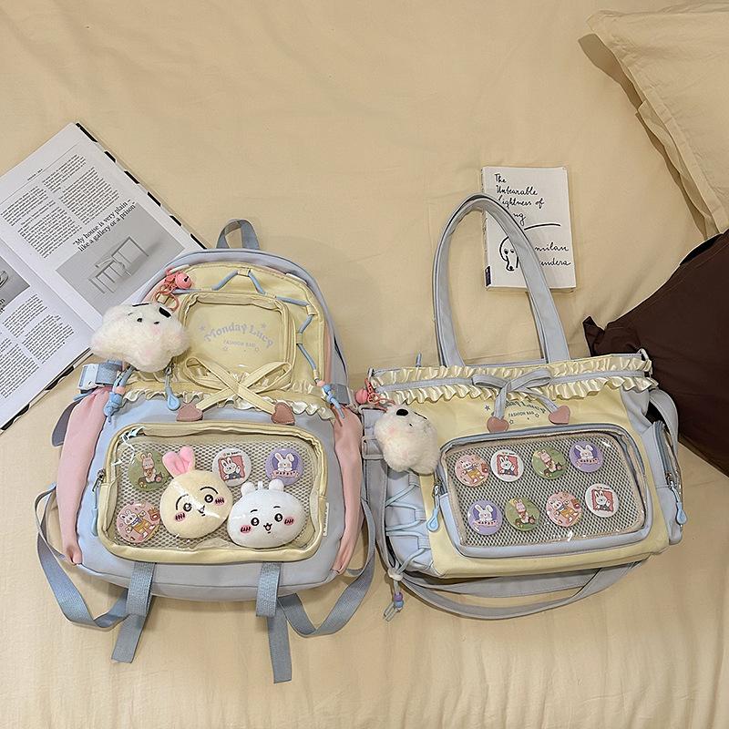 Women's Color Block College-Style Backpack with Ballet Ruffle Lace Design
