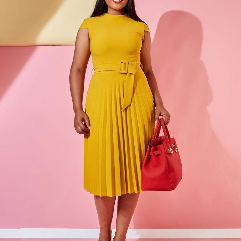 Women's Summer Short-sleeved Lace-up Solid Color Waist Pleated Medium and Long Large-size Dress