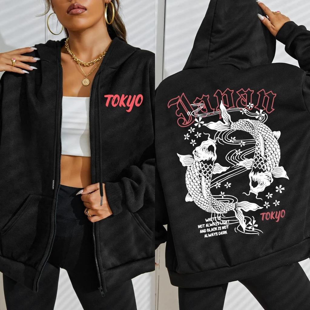 Japan Tokyo Harajuku Koi Fish Printed Hoody Women Soft Sportswears Street Zipper Hoodies Autumn Fleece Casual Sportswear
