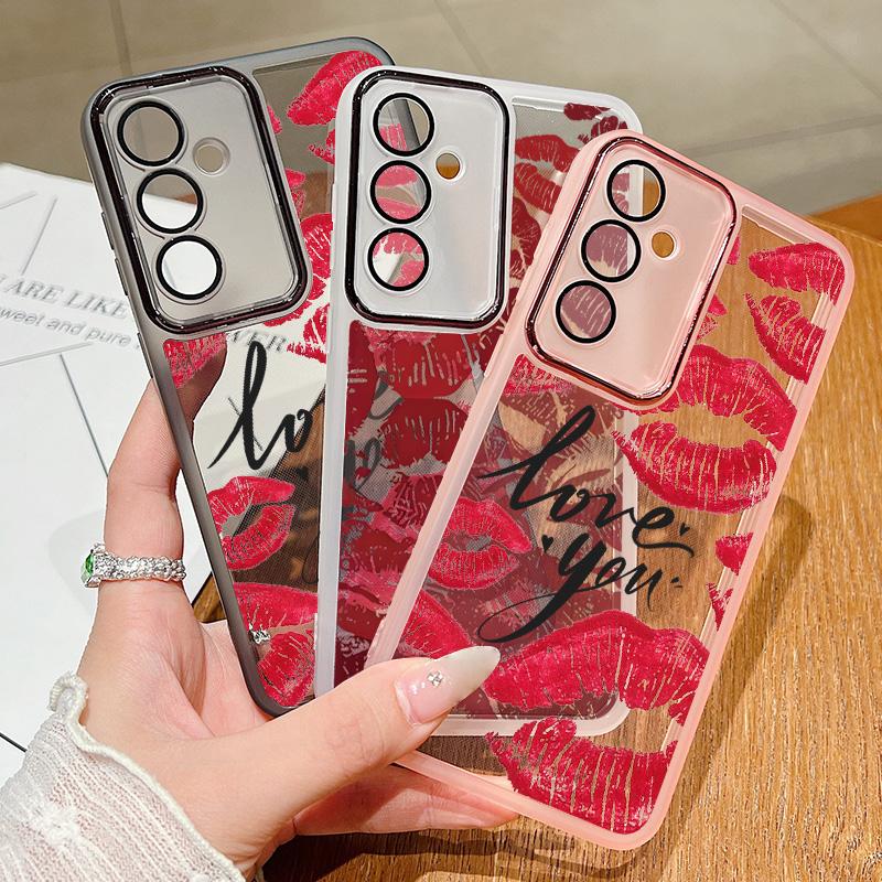 Carcasă de telefon transparentă subțire cu model de buze roșii pentru Samsung S25 Ultra S24 FE S23 Plus A56 A36 A16 A55 A15, folie de protecție pentru lentilă, rezistentă la șocuri, silicon moale, capac