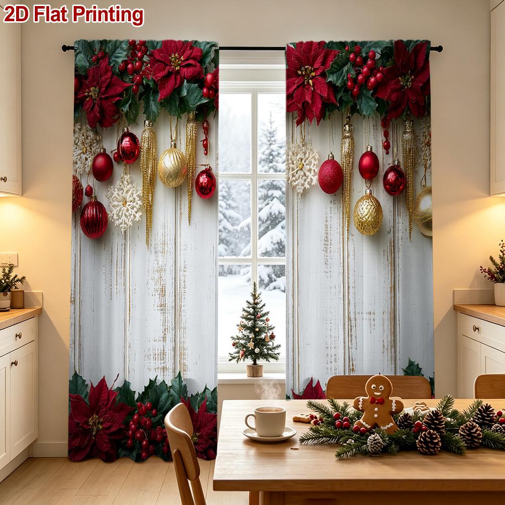 2PCS Christmas Winter Curtains, Poinsettia Berry Christmas Ornament, Digital Print, Bedroom Living Room, Rod Pocket, Home Decor