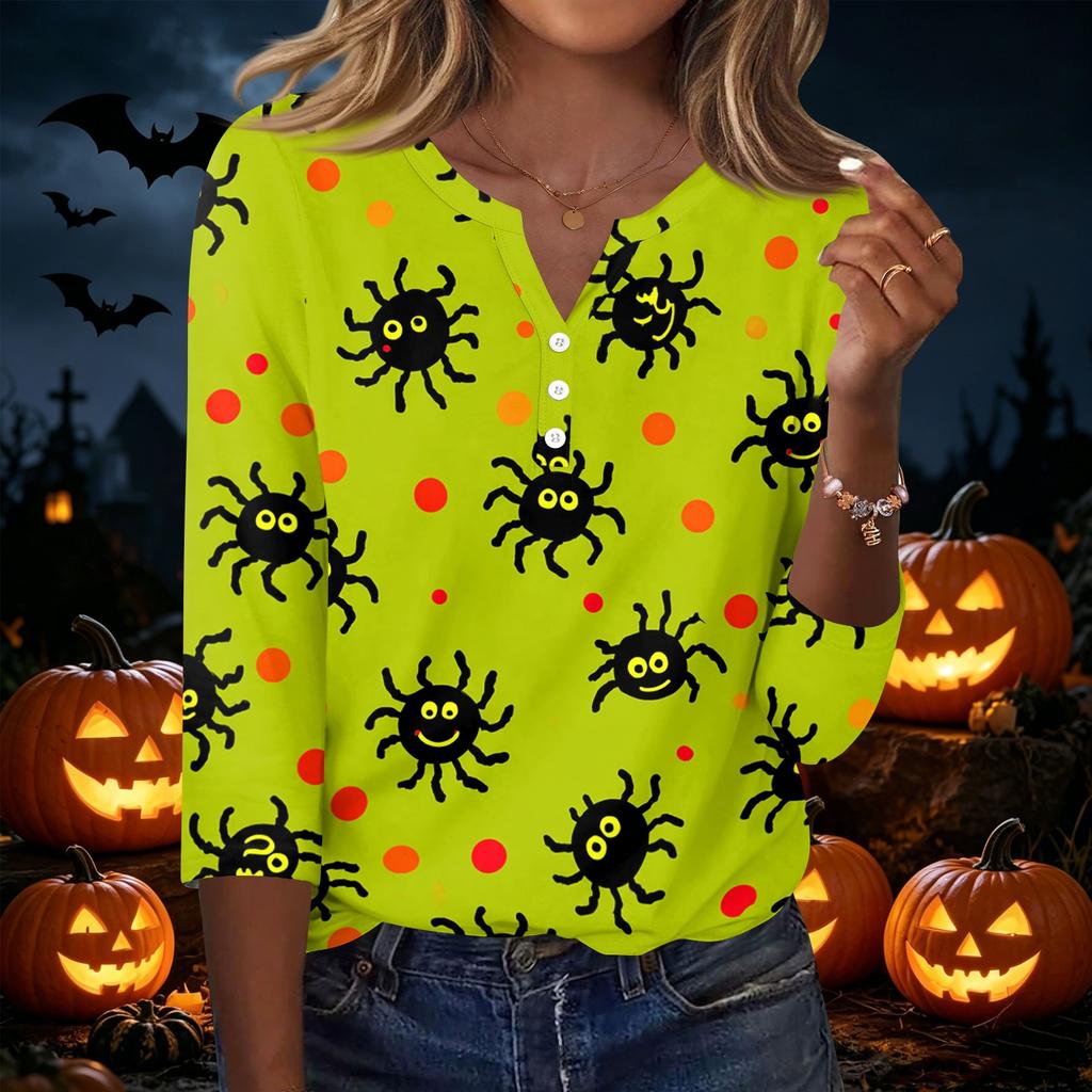 Women Casual Halloween Printed V Neck Button Three Quarter Sleeve T Shirt Top Lightweight Comfortable Fit Seasonal Style
