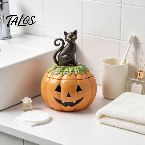 Small Item Organizer for Desk Haunted Halloween Candy Jar with Lid, Resin Pumpkin Storage Container Jewelry And Treats, Decorative Black Cat