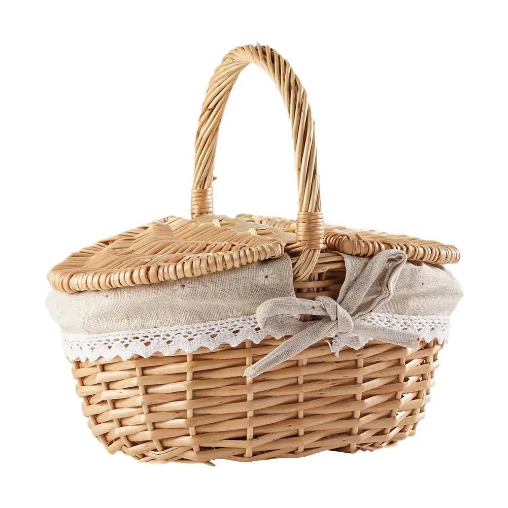 Wicker Picnic Basket with Lid Handheld Woven Basket Portable Storage Hamper for Fruits Snacks and Sweets for Outdoor Home Picnic