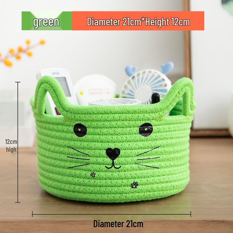 Cartoon Woven Cotton Rope Storage Basket for Cat, Remotes, Sundries, and Cosmetics