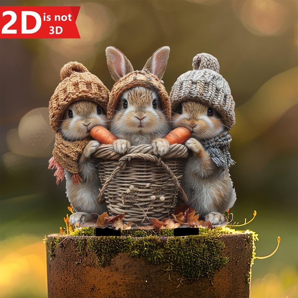 

2D богемный садовый арт-пост с тремя милыми кроликами. Для горшечных растений и бонсай.