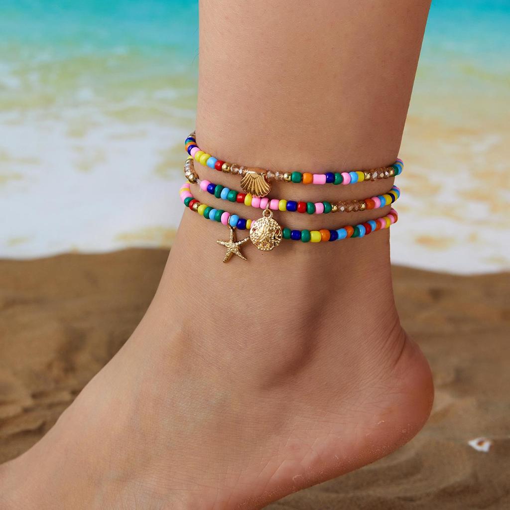 Bohemian Multilayer Rice Bead & Shell Anklet Set