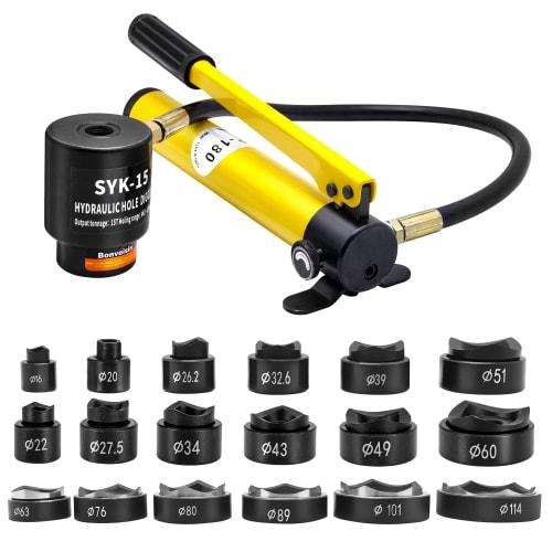 Bonvoisin Hydraulic Puncher, Manual Hole Punch, 15 Ton, for Stainless Steel and Steel Plates, Construction, and Industrial Use, Includes Dies (SYK-15
