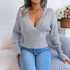Women Autumn Winter High Waist Solid Color Pullover Sweater V Neck Hollow Bat Sleeve