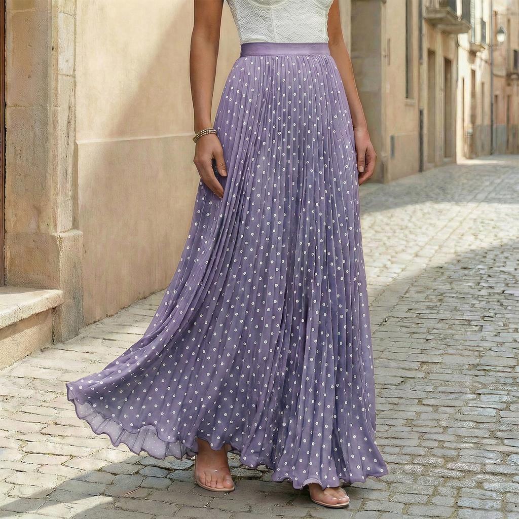 Women Vintage Polka Dot Print Pleated Maxi Skirt Holiday Style High Waist Flowy A Line Skirt for Casual and Everyday Wear