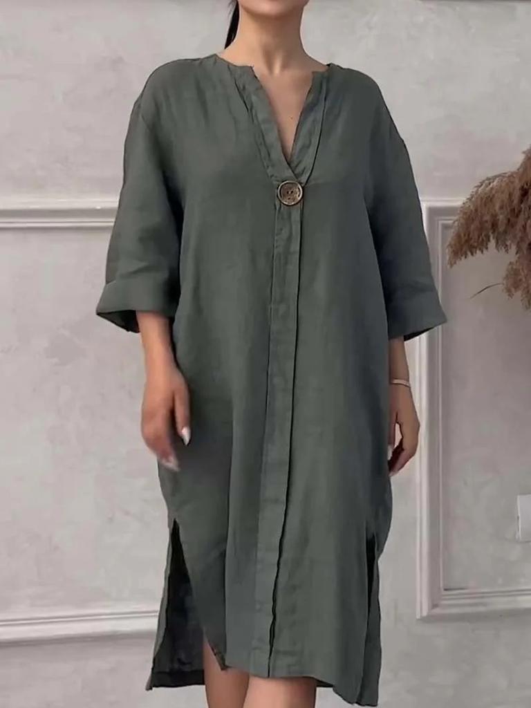 Women's New Cotton Linen Solid Color Casual Round Neck Button Long Dress
