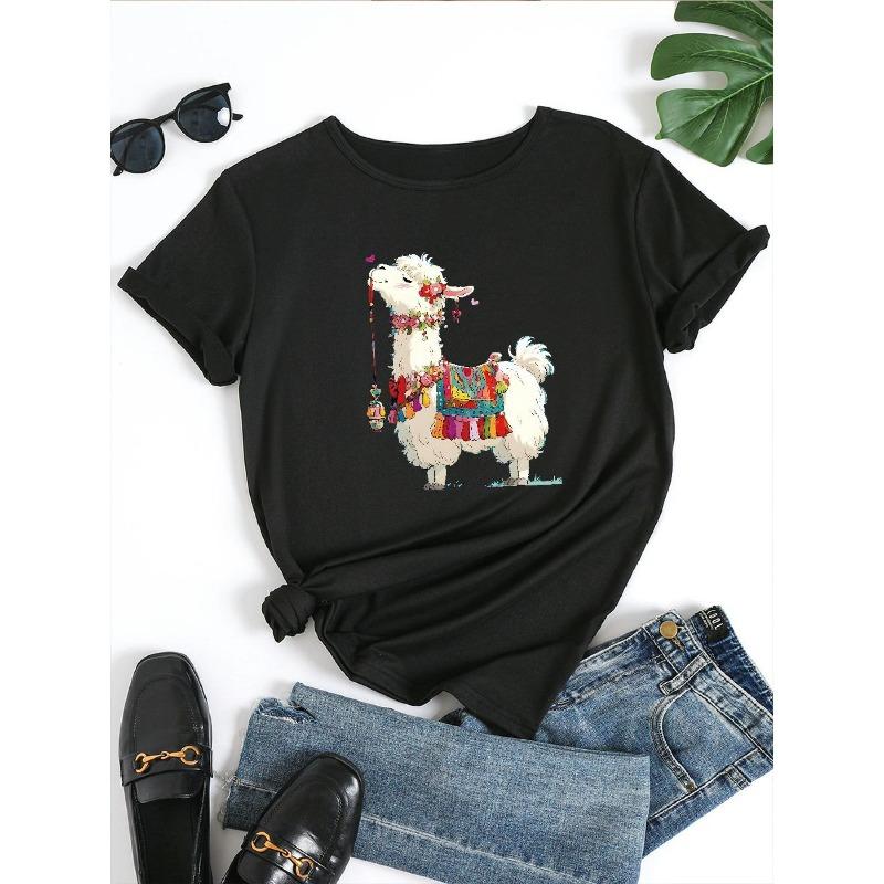 European Size Women'S Anime Llama Print T-Shirt, Casual Crew Neck, 95% Polyester 5% Elastane, Short Sleeve, Regular Fit