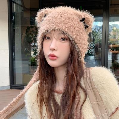 Fashion Bow Knitted Warm Hat Women Autumn and Winter Pullover Ear Protector Braid Plush Hat Riding Electric Car Hat