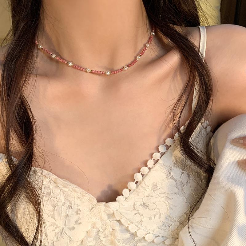 Сладкое и классное розовое бусинное ожерелье женская нишевая высококачественная жемчужная шейная цепочка Spice girl с