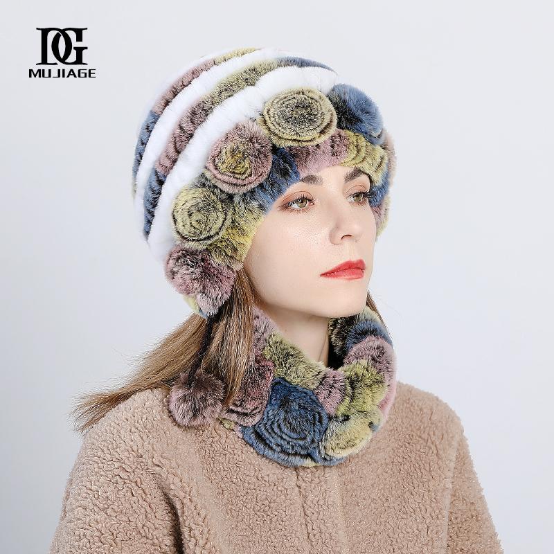 Hat Woman Winter New Rex Rabbit HairThickened and Warm Winter Versatile and Cute Fur Hat Scarf