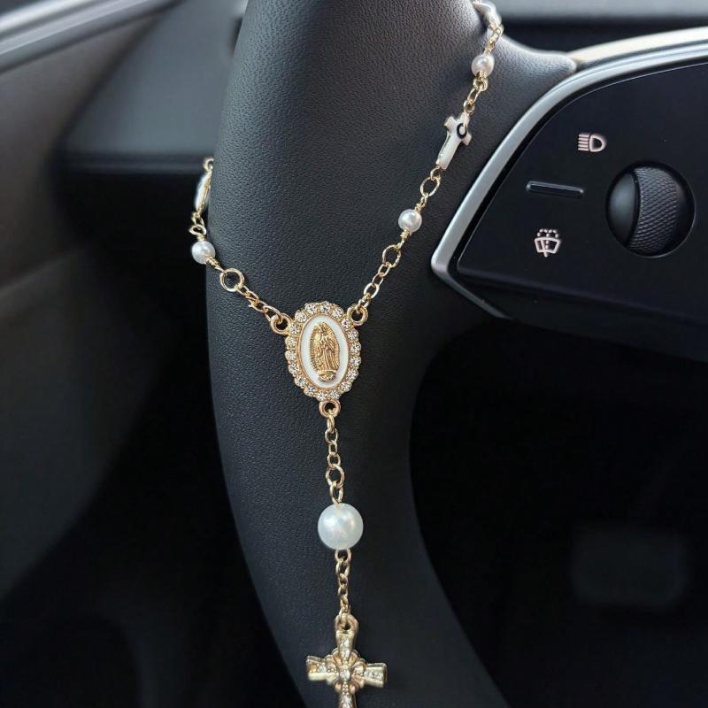 1pc Pink Pearl Cross Steering Wheel Rosary Ornament, Rosary Car Pendant Accessory, Unique Fashion Car Decor Accessory