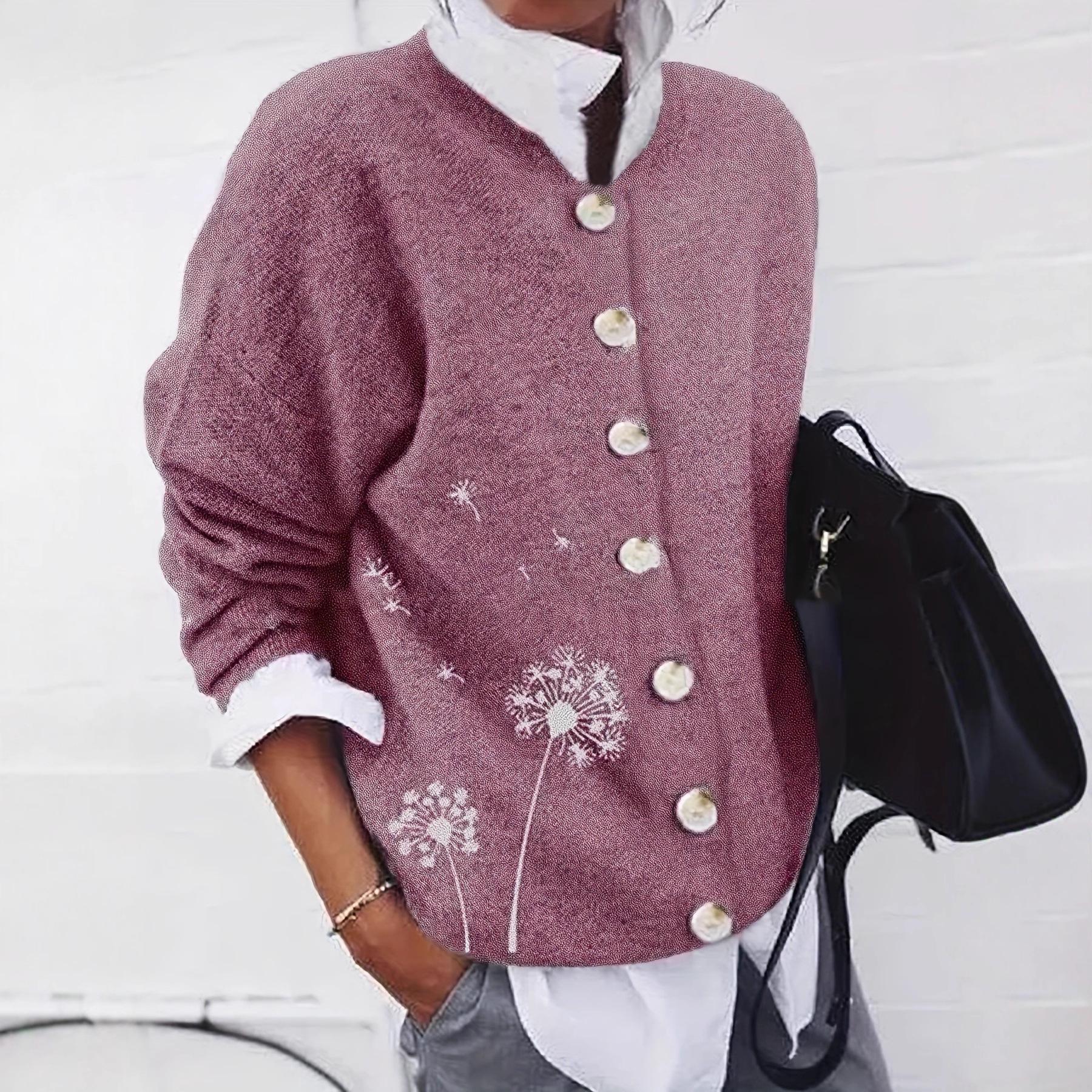 

2025 Spring/Summer Women s Fara Fleece Printed Long Sleeve Casual Cardigan 5XL рожевий