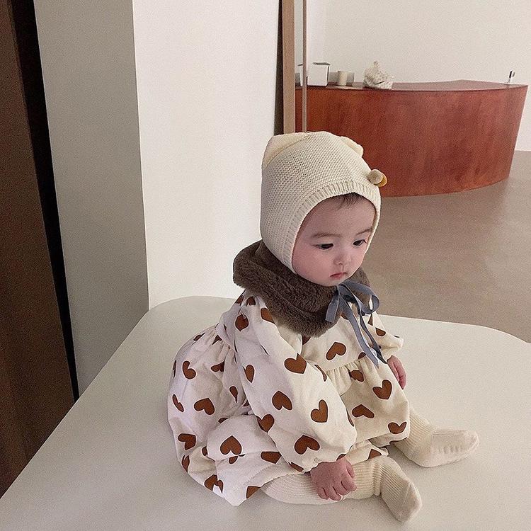 Clearance: Baby Heart Print Quilted Dress with Fur Collar - Long and Warm