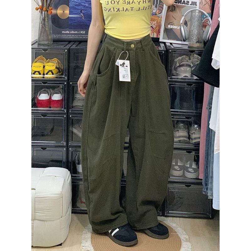 

Small Wide-Leg Workwear Denim Women s Summer New Arrival Loose Slim Looking Casual Pants Easiest for Match Straight Mopping Pants Army Green Long recommend height 155-165cm XL