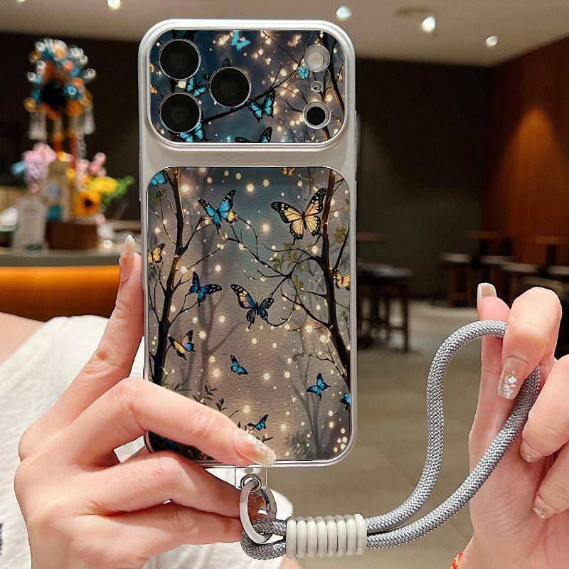 Glowing Tree Butterfly Leather Lanyard Case For iPhone 18 Pro Max Hybrid TPU+PU Anti-skid Soft Cover For iPhone 17 16 15 14 13 Pro Max