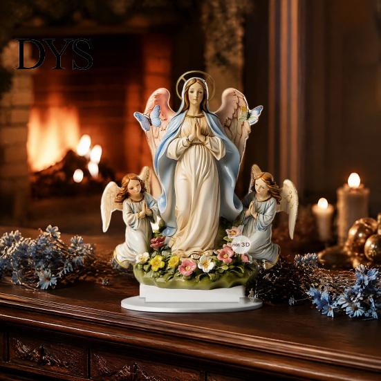 Spiritual Gift for Baptism Virgin And Angel Ornament, 2D Acrylic Religious Ornament with Catholic Statue Base, Table Centerpiece, Christian