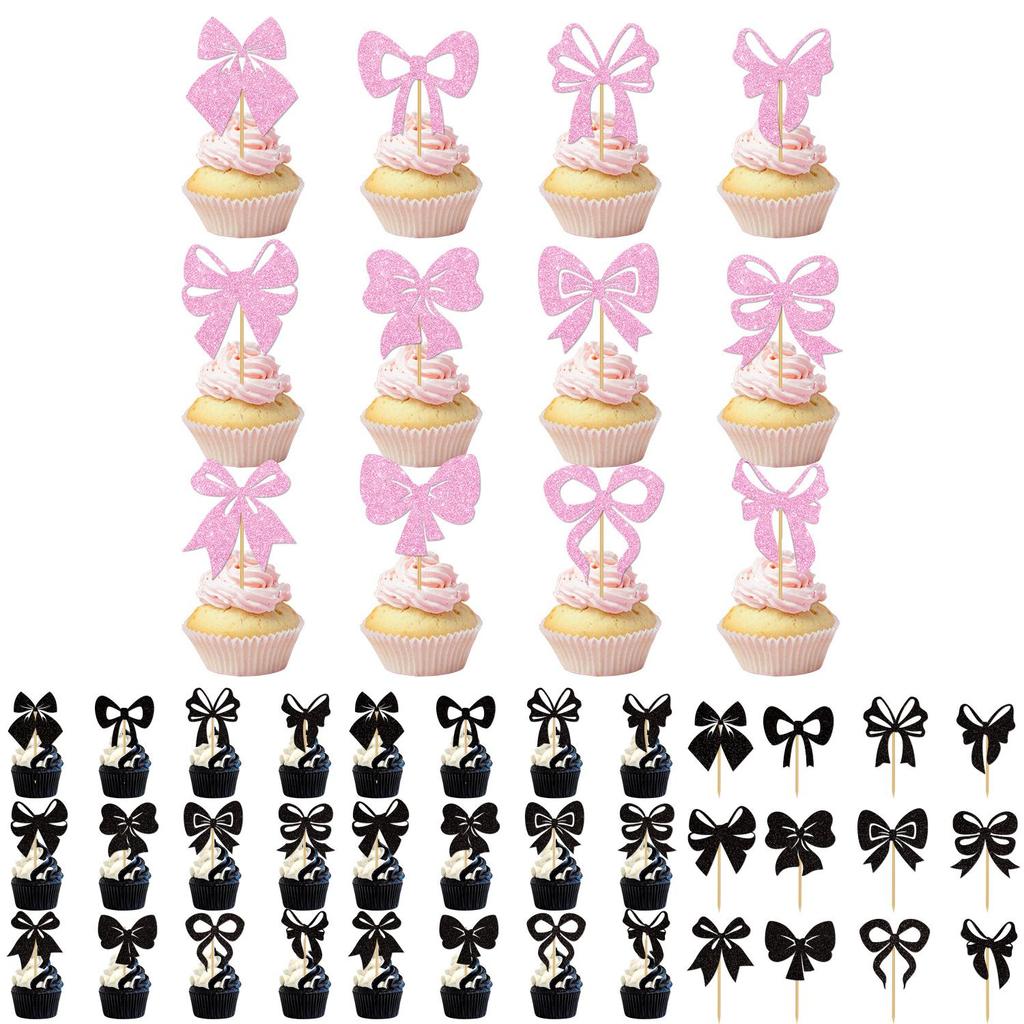 Anniversary Cake Topper Party Decor With Gold Glitter Paper Bows And Flags For Memorable Parties