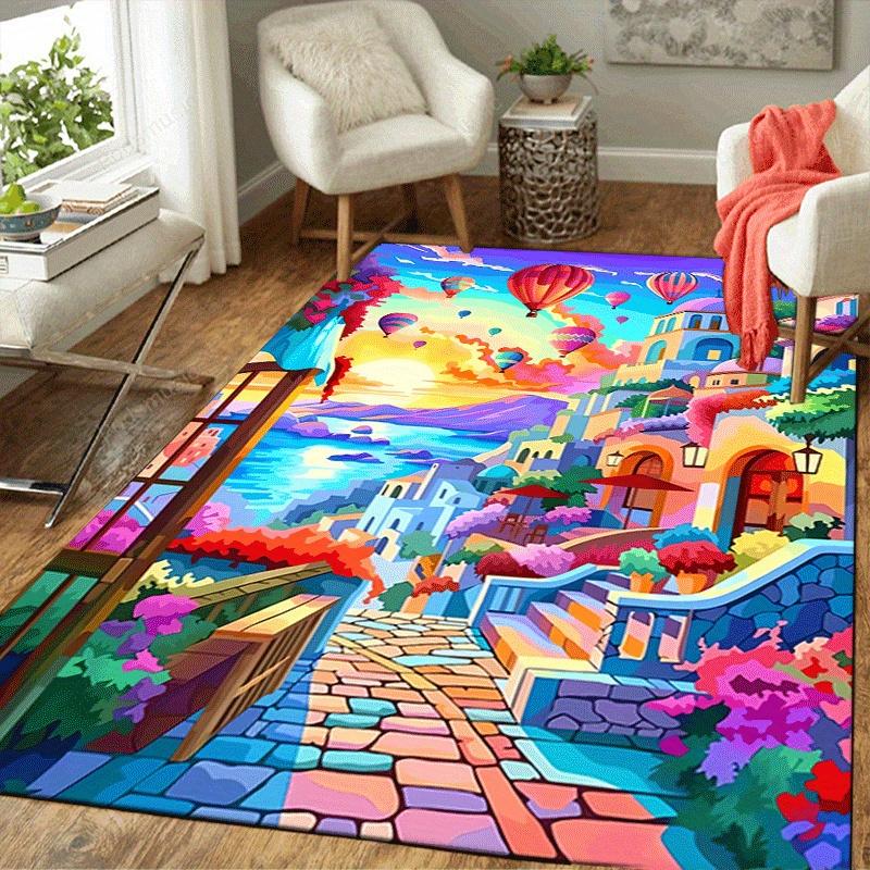 1pc Hot Air Balloon Town Print, Design Indoor Area Rug, Soft, Anti-Slip, and Durable Gaming Room Decor for Bedroom, Living Room, and Exercis