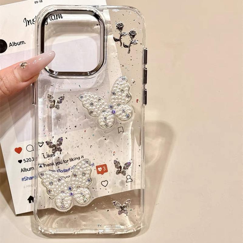 Applicable iPhone15promax mobile phone case Apple 16 premium pearl butterfly glitter 14plus protective case female
