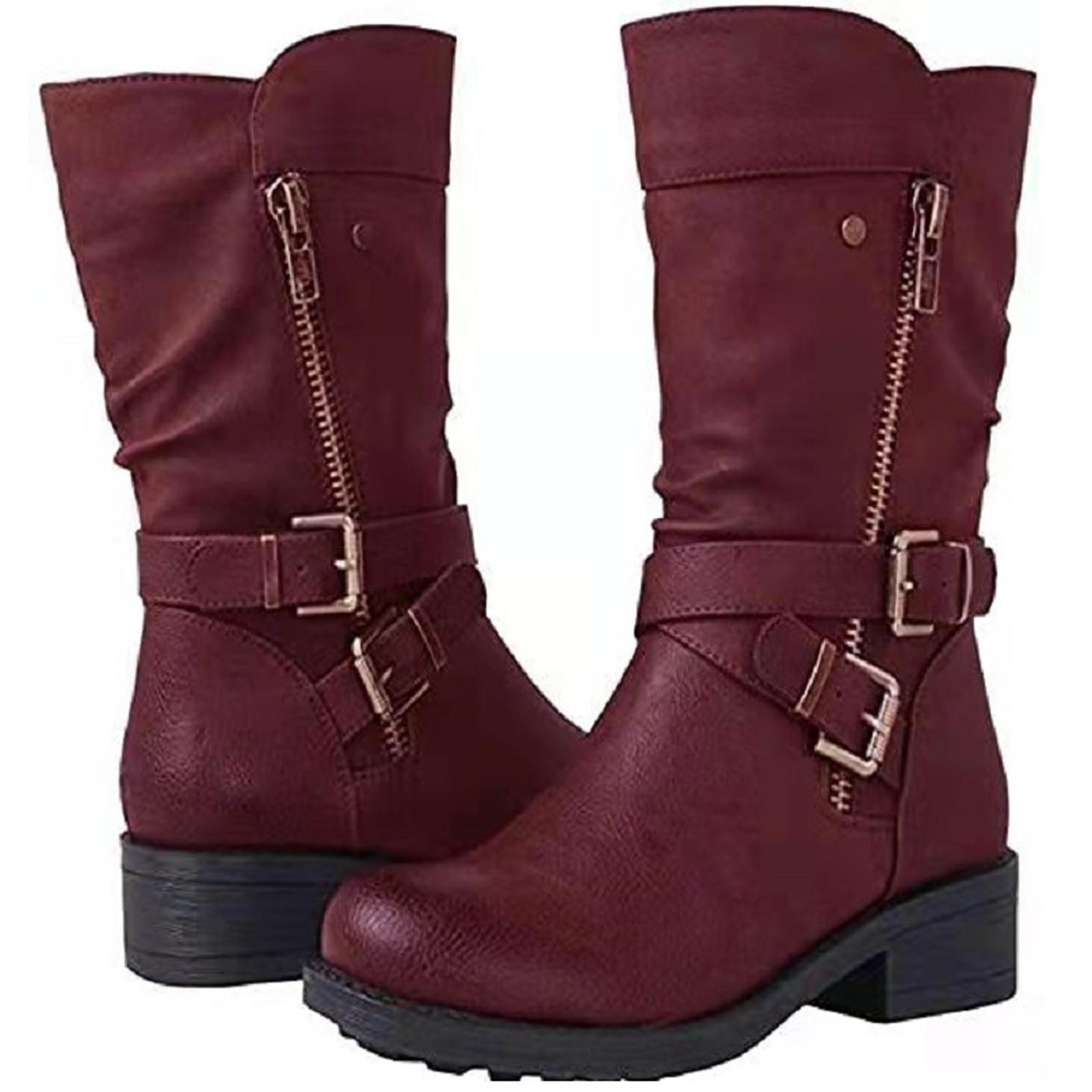 

Женские модные кожаные ботинки со средним рукавом и металлической пряжкой на плоской подошве 37 красный