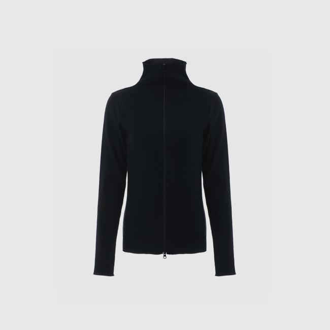 REEMNIK High-Neck Two-Way Zip-Up Ribbed Knit Top [Black]