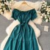 Vintage Elegante Slash Neck Kurzarm Kleid A-linie Mode Chiffon Frühling Herbst Frauen Kleider