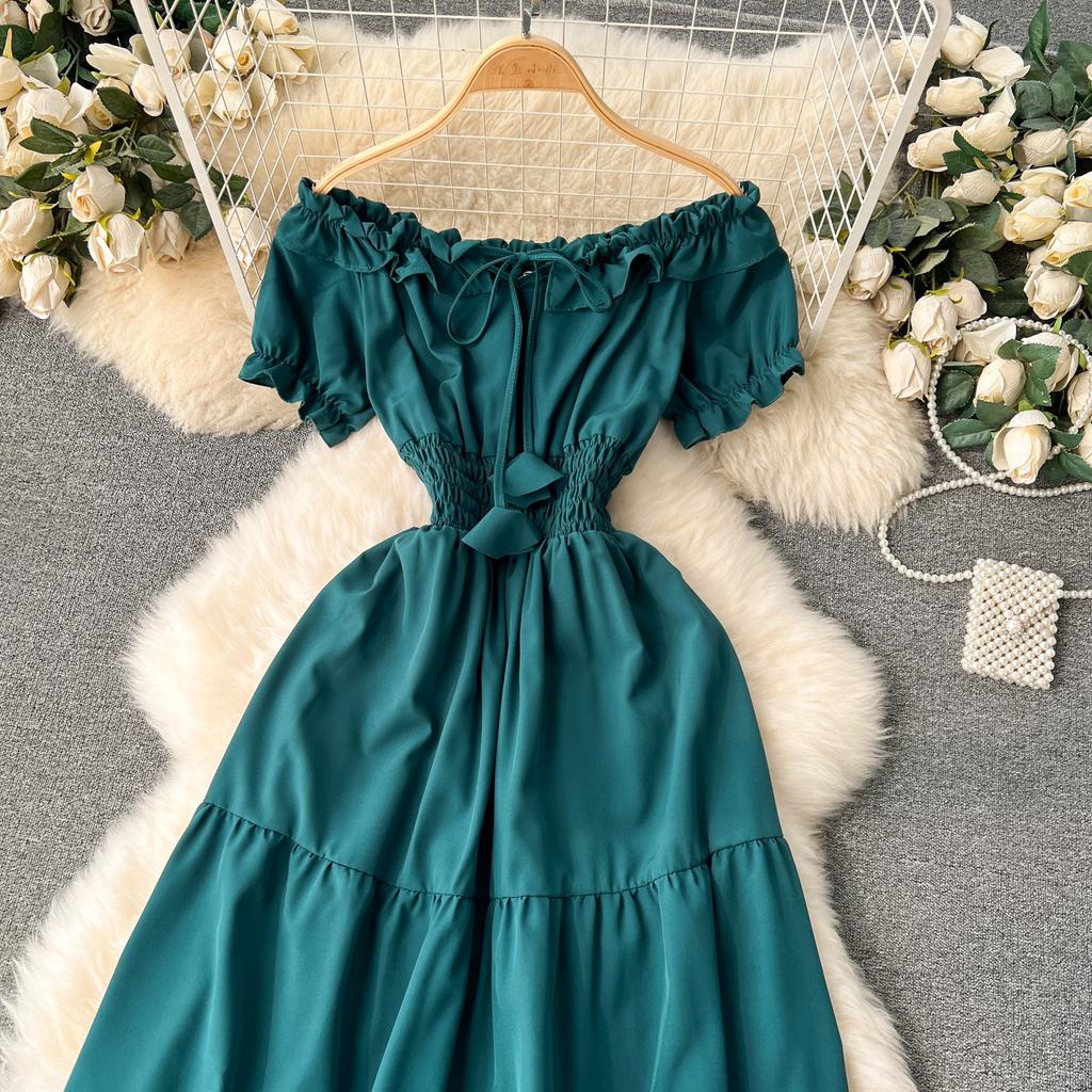 Vintage Elegante Slash Neck Kurzarm Kleid A-linie Mode Chiffon Frühling Herbst Frauen Kleider