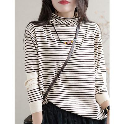 Νέο Φθινοπωρινό και Χειμερινό Μισοψηλό Ριγέ Βασικό Πουλόβερ Γυναικείο Μακρυμάνικο T-shirt Βαμβακερό Πλεκτό Εσωτερικό Τοπ