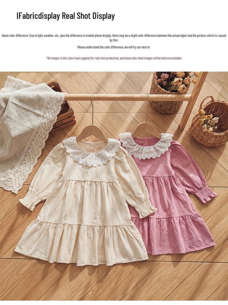 2026 Autumn Korean-Style Children's Long Sleeve Dress with Ruffle Lace Collar – Sweet Pure Cotton Cake Skirt for Girls