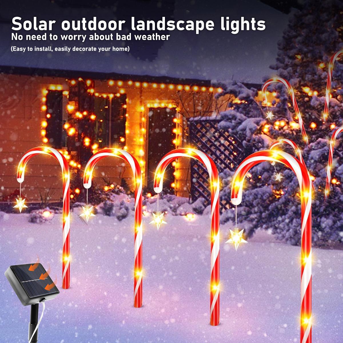 

4Pc Solar Candy Cane Lights Waterproof Christmas Holiday Star Outdoor Decorative Lights 8 Mode Garden Courtyard Pathway Lightin