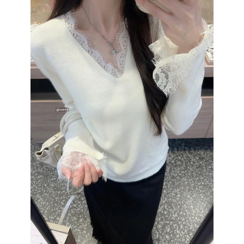 Black Lace Knitted Sweater Women's Collar Trendy Inner Long Sleeve Top Autumn and Winter Slim Flared Sleeve Bottom Sweater
