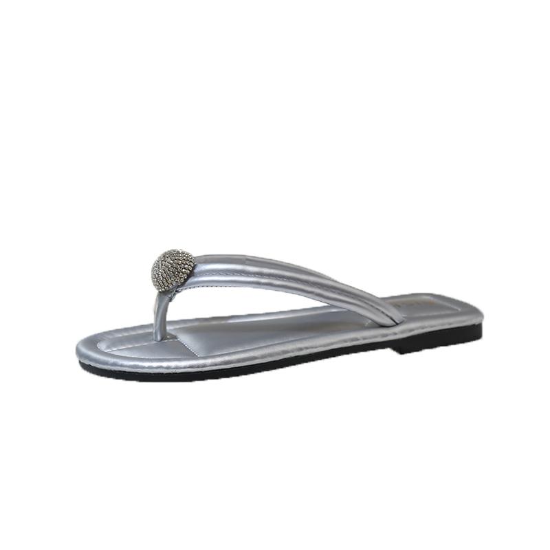 Fashion Summer New Style Flip-flops Ladies Fashion Round Head Crystal Buckle Soft Sole Non-slip Wear-resistant Beach Sandals
